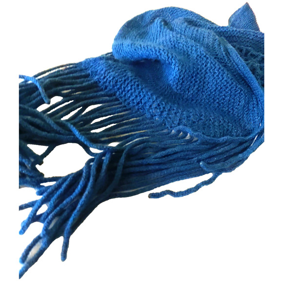Dark Turquoise Neck Scarf Button Crochet Open Weave Fringe No Tags - Picture 4 of 7